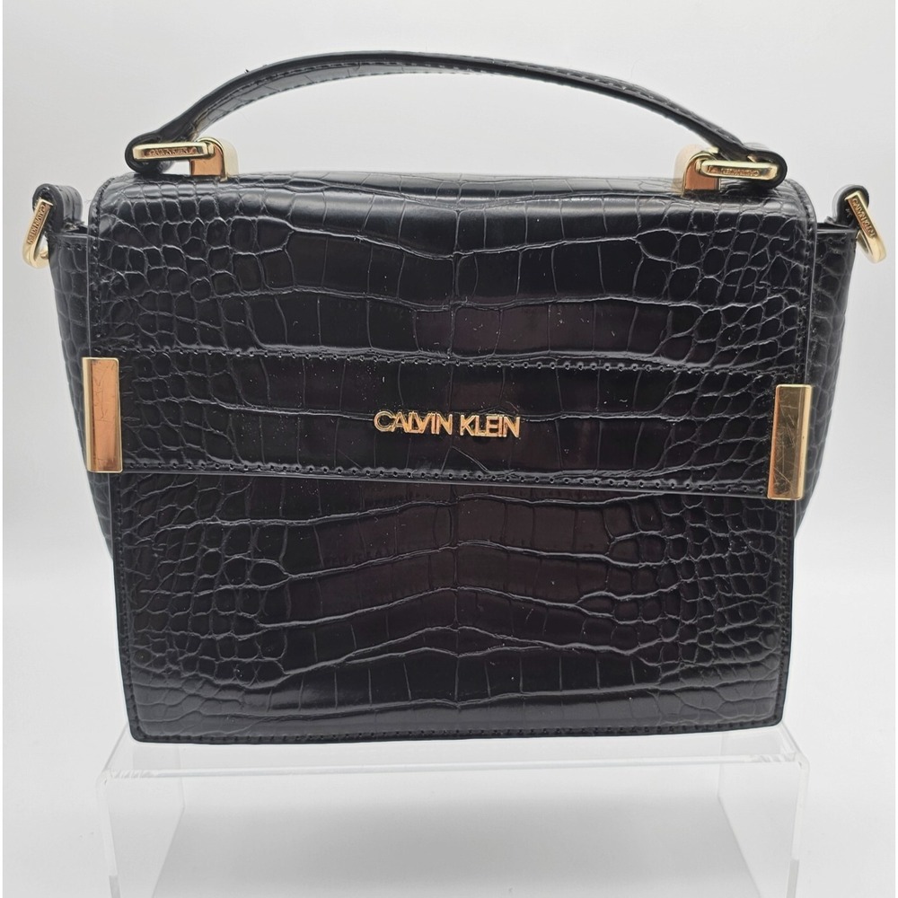 Calvin Klein Black Croc Embossed Satchel Handbag Purse Faux Leather Tote Bag